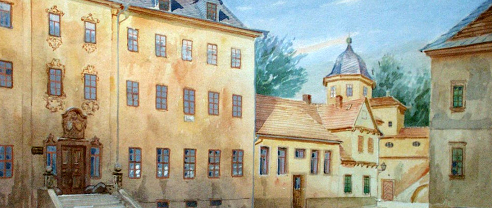 Aquarell von F.A. Schmidt (1905) vom Hof des ehemaligen Jenaer Schlosses